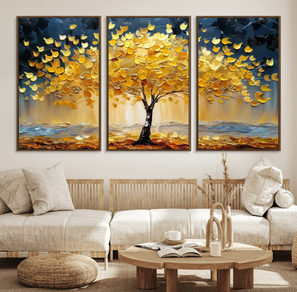 Golden Autumn Tree Wall Art | Framed Fall Leaves Canvas