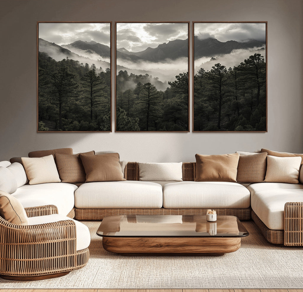 Moody Forest Wall Art | Framed Mountain Fog Canvas Artwork