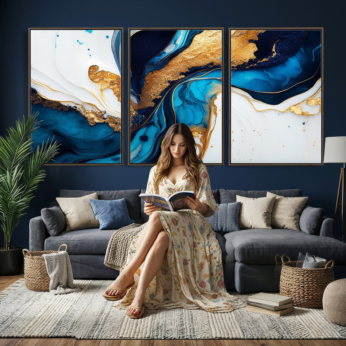 Gold Blue Abstract Canvas Print, Elegant Navy and Gold Marble Flow