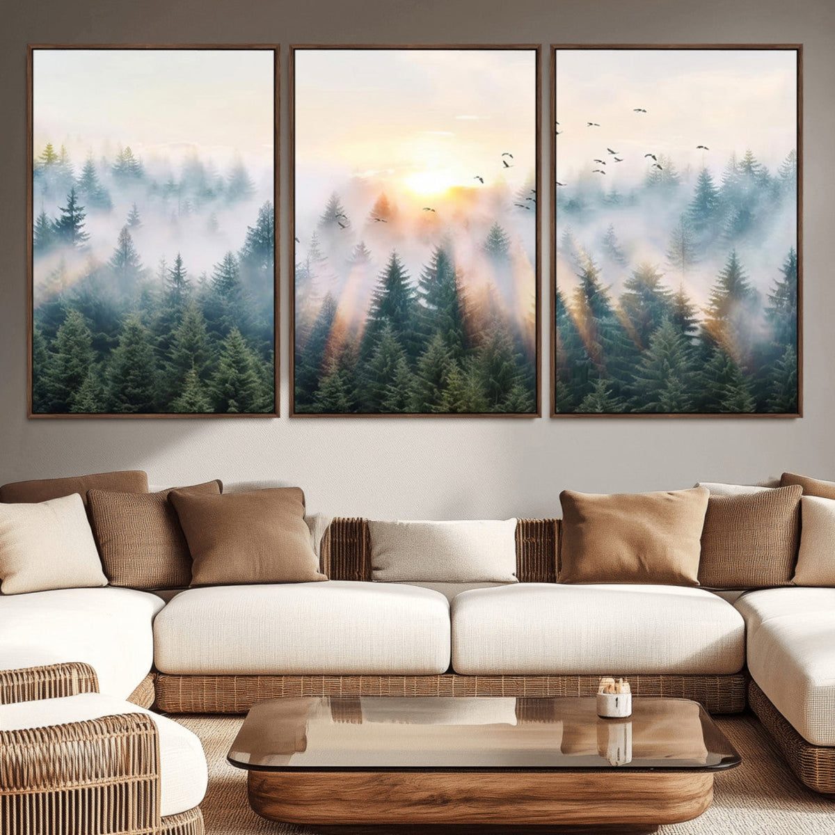 Misty Pine Forest Wall Art Canvas, Sunrise Over Foggy Trees