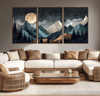 Moonlit Mountain Wall Art Canvas Print, Framed Silhouetted Pines Art, Layered Peaks Rustic Decor