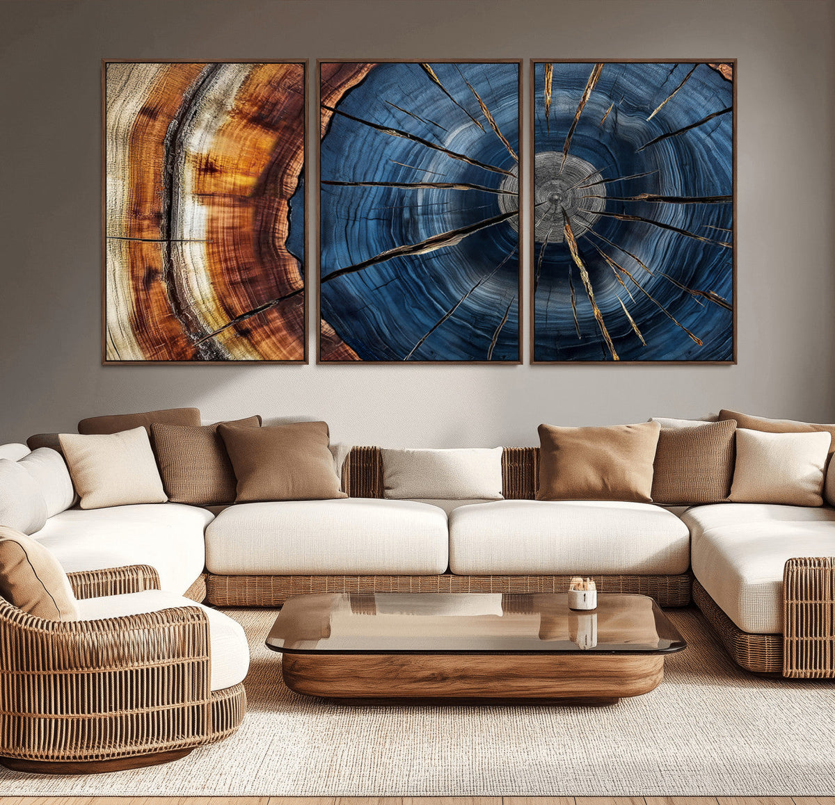 Framed Abstract Tree Ring Wall Art Print, Natural Rustic Wood Grain Canvas Print