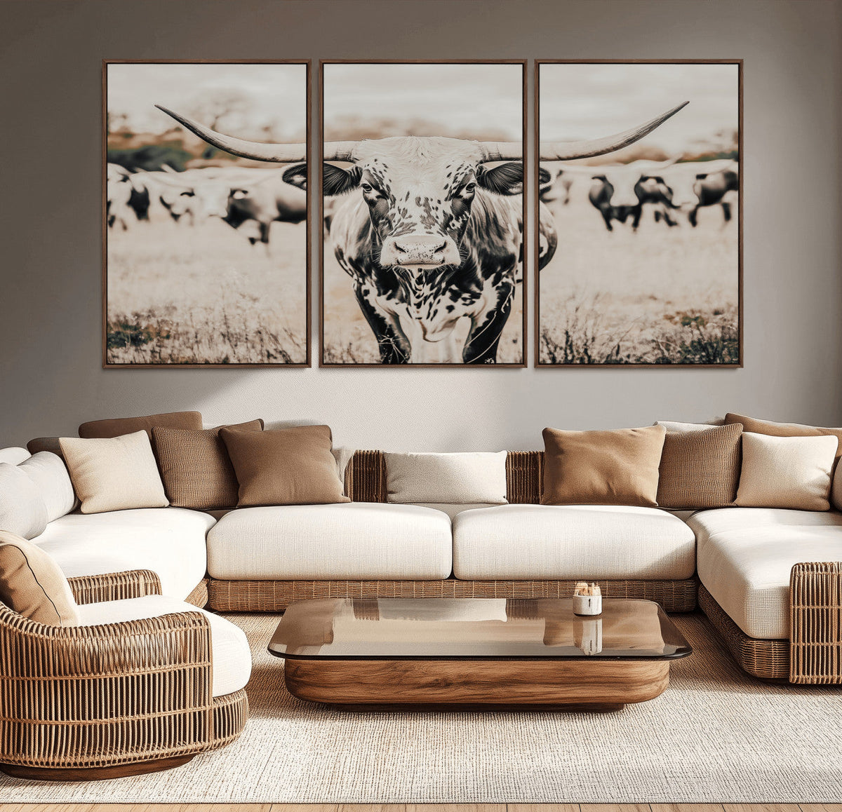 Texas Longhorn Wall Art Canvas Print | Framed Speckled Brown and White Bull
