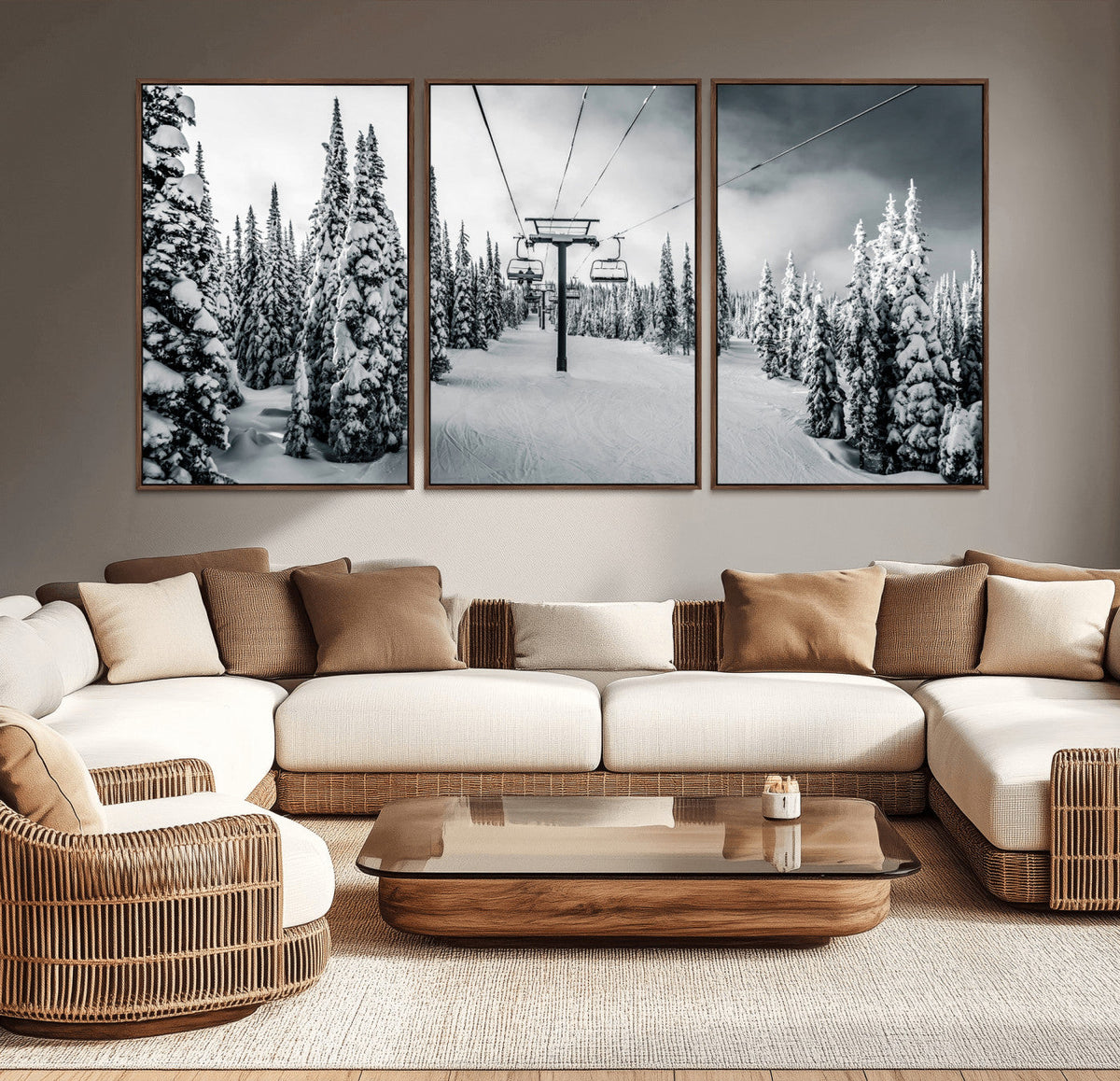 Snowy Pines Wall Art Canvas Print | Ski Lift in a Winter Forest