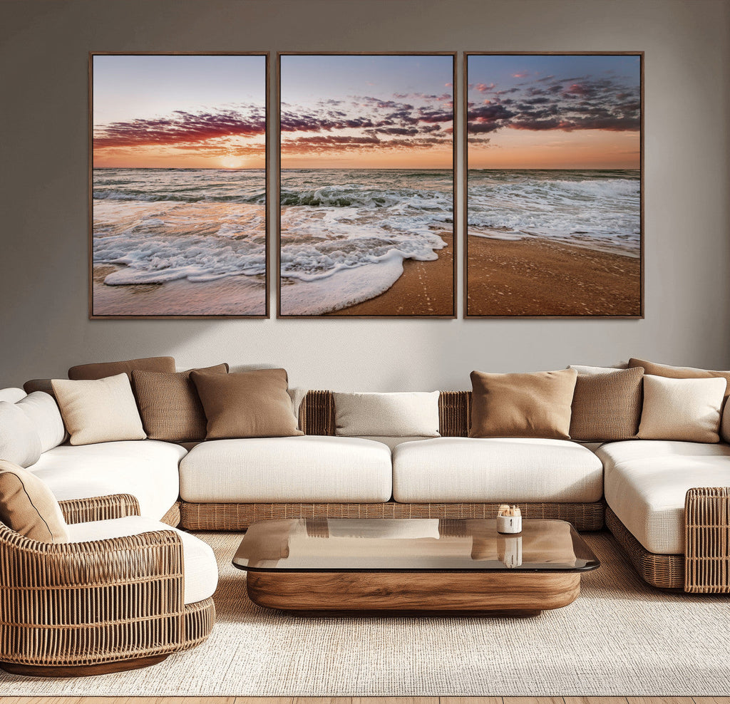 Ocean Sunset Wall Art Canvas Print | Sandy Shore and Gentle Waves