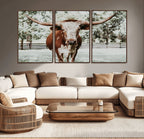 Texas Longhorn Wall Art Canvas Print | Framed Spotted Brown and White Bull