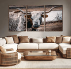 Texas Longhorn Wall Art Canvas Print | Framed Brown and White Spotted Longhorn