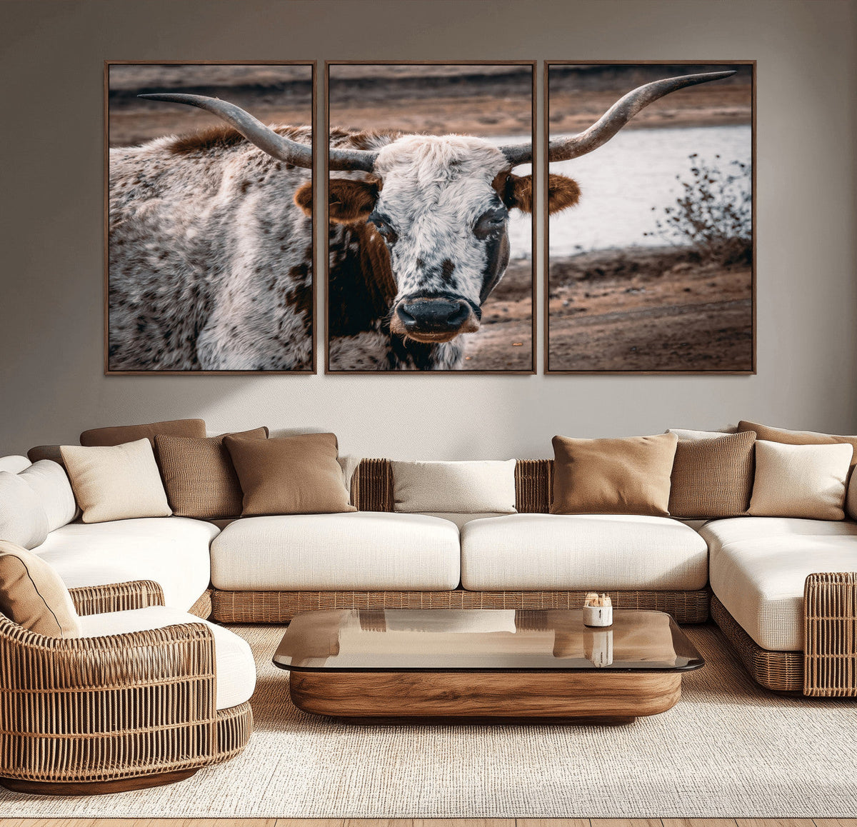 Texas Longhorn Wall Art Canvas Print | Framed Brown and White Spotted Longhorn