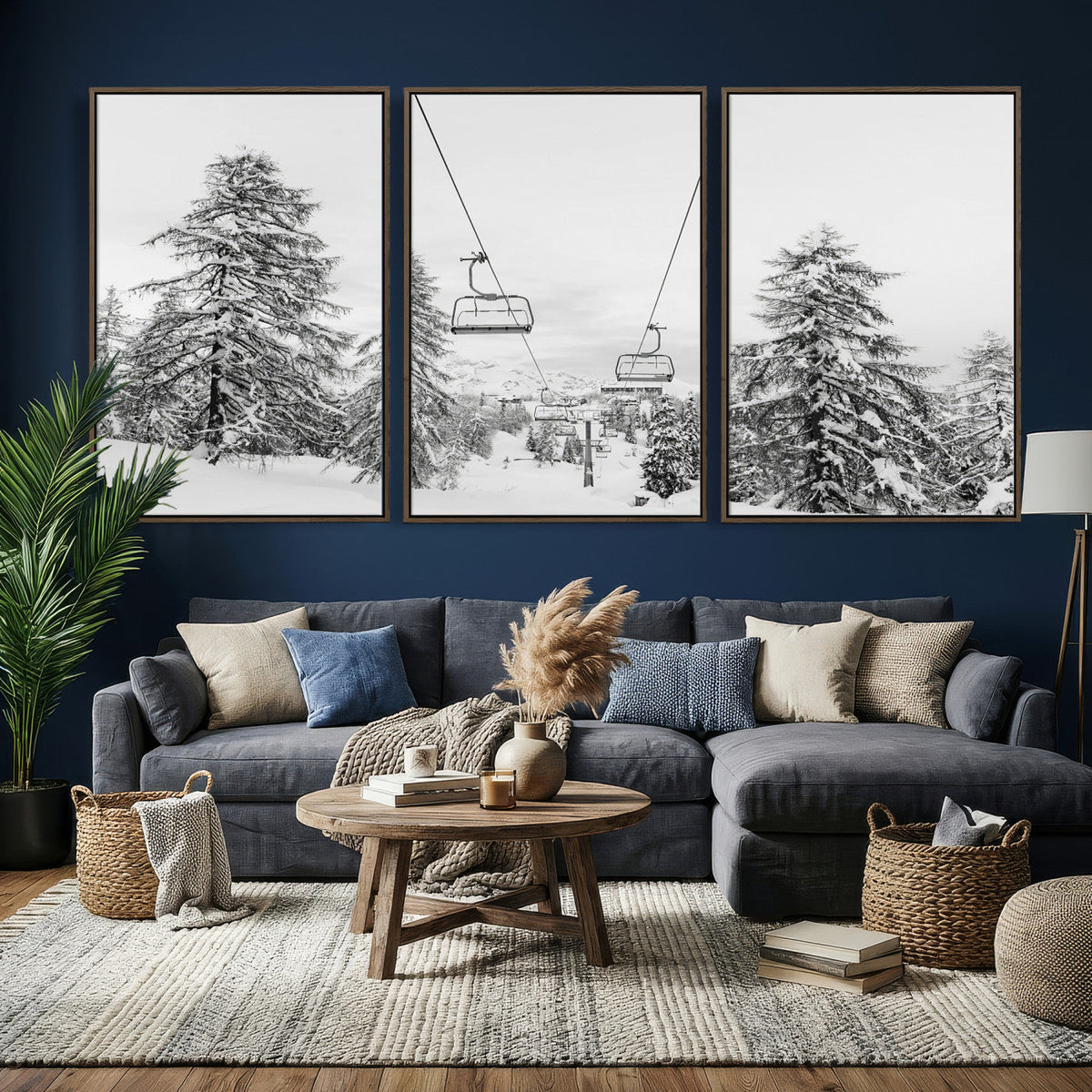 Snowy Ski Lift Wall Art | Framed Winter Forest Canvas