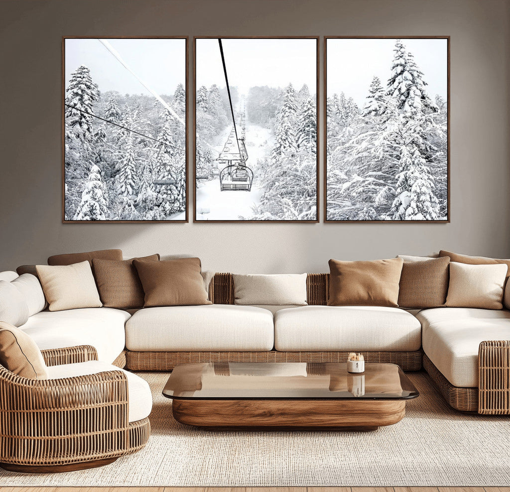 Snowy Ski Lift Wall Art | Framed Winter Mountain Canvas