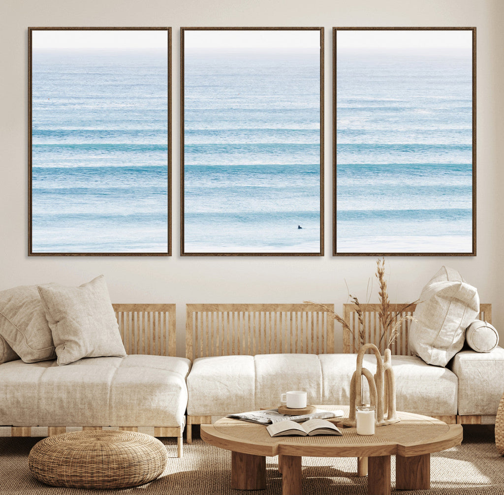 Ocean Wave Surfer Wall Art | Framed Minimal Seascape Canvas