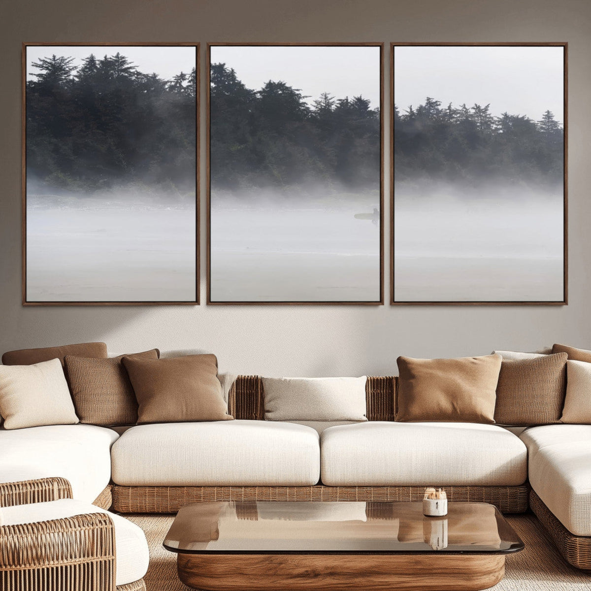 Surfer Fog Wall Art Canvas Print, Framed Foggy Beach and Coastal Surf Scene