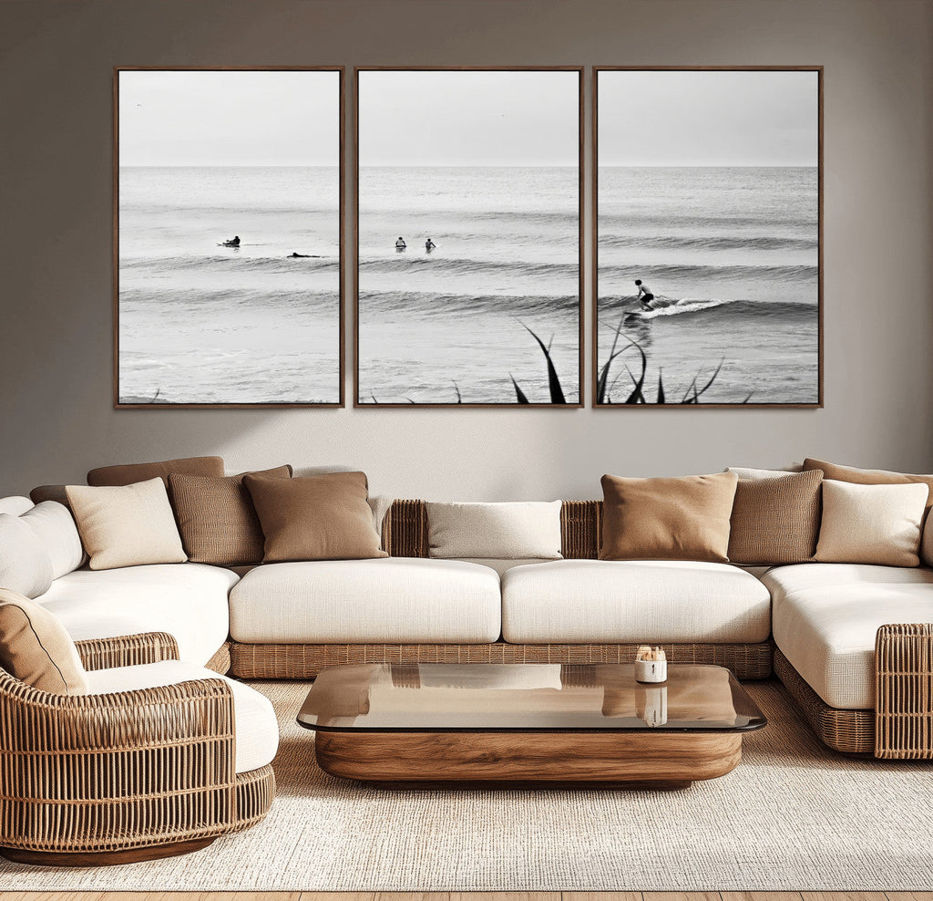 Surfer Silhouette Wall Art | Framed Calm Ocean Canvas
