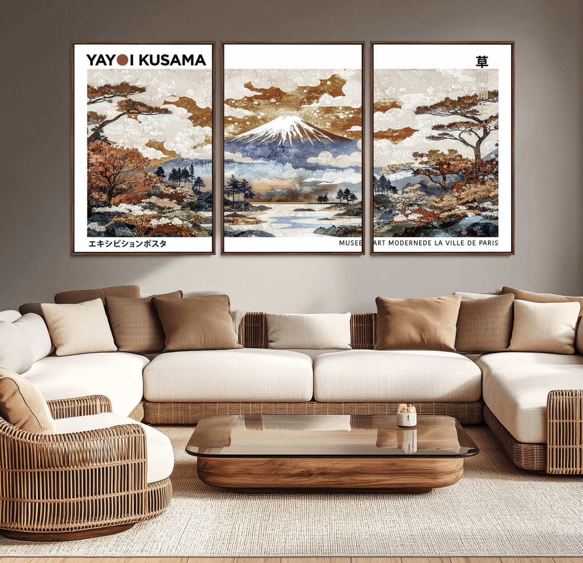 Modern Japanese Wall Art Canvas Print, Framed Abstract Mount Fuji Landscape, Yayoi Kusama Canvas Wall Art