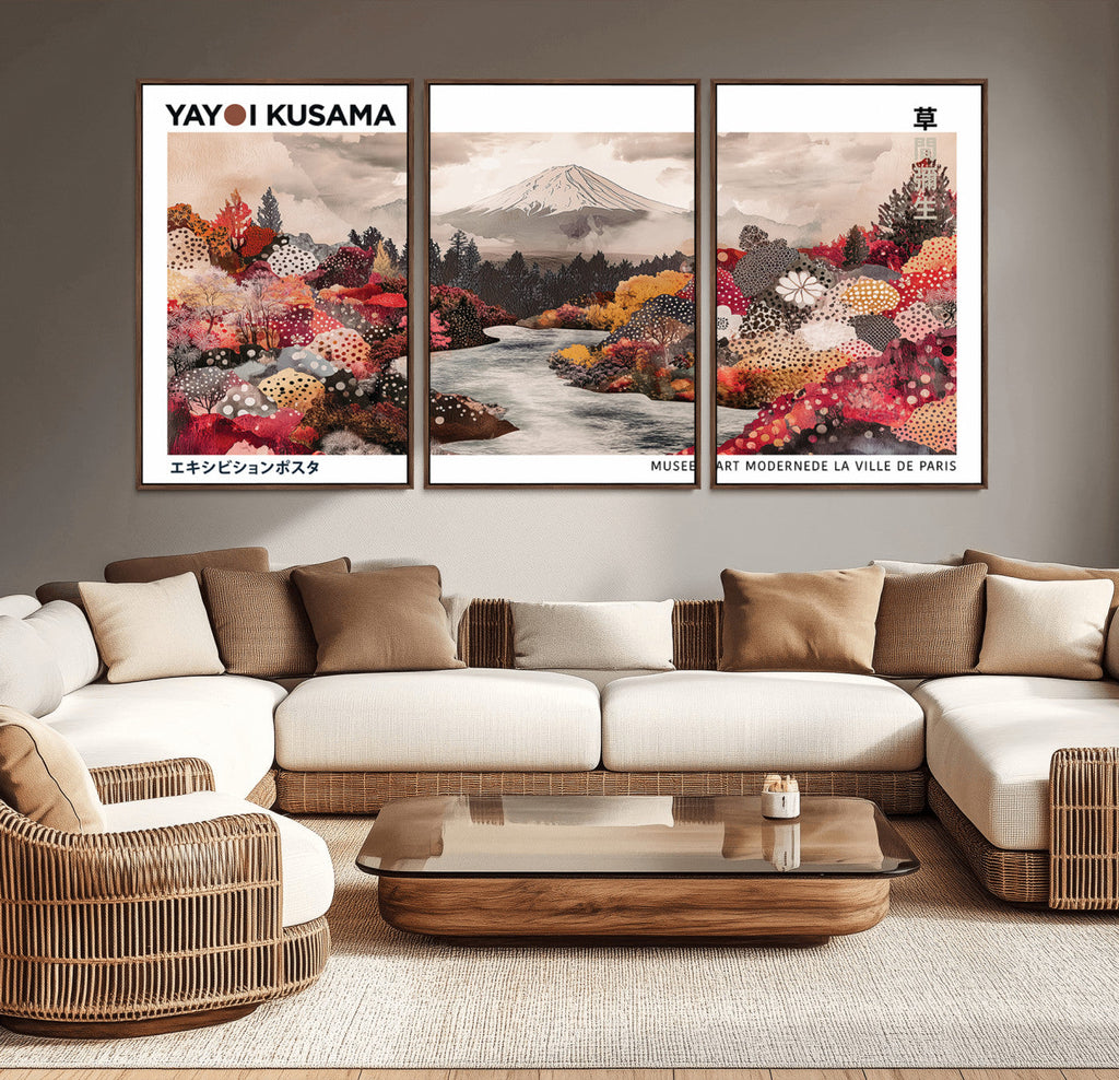 Modern Japanese Wall Art Canvas Print, Framed Abstract Mount Fuji Art, Yayoi Kusama Japanese Landscape