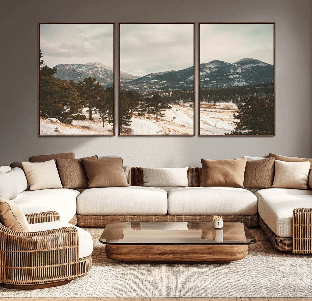 Mountain Landscape Wall Art Canvas Print, Framed Snowy Peaks Alpine Winter