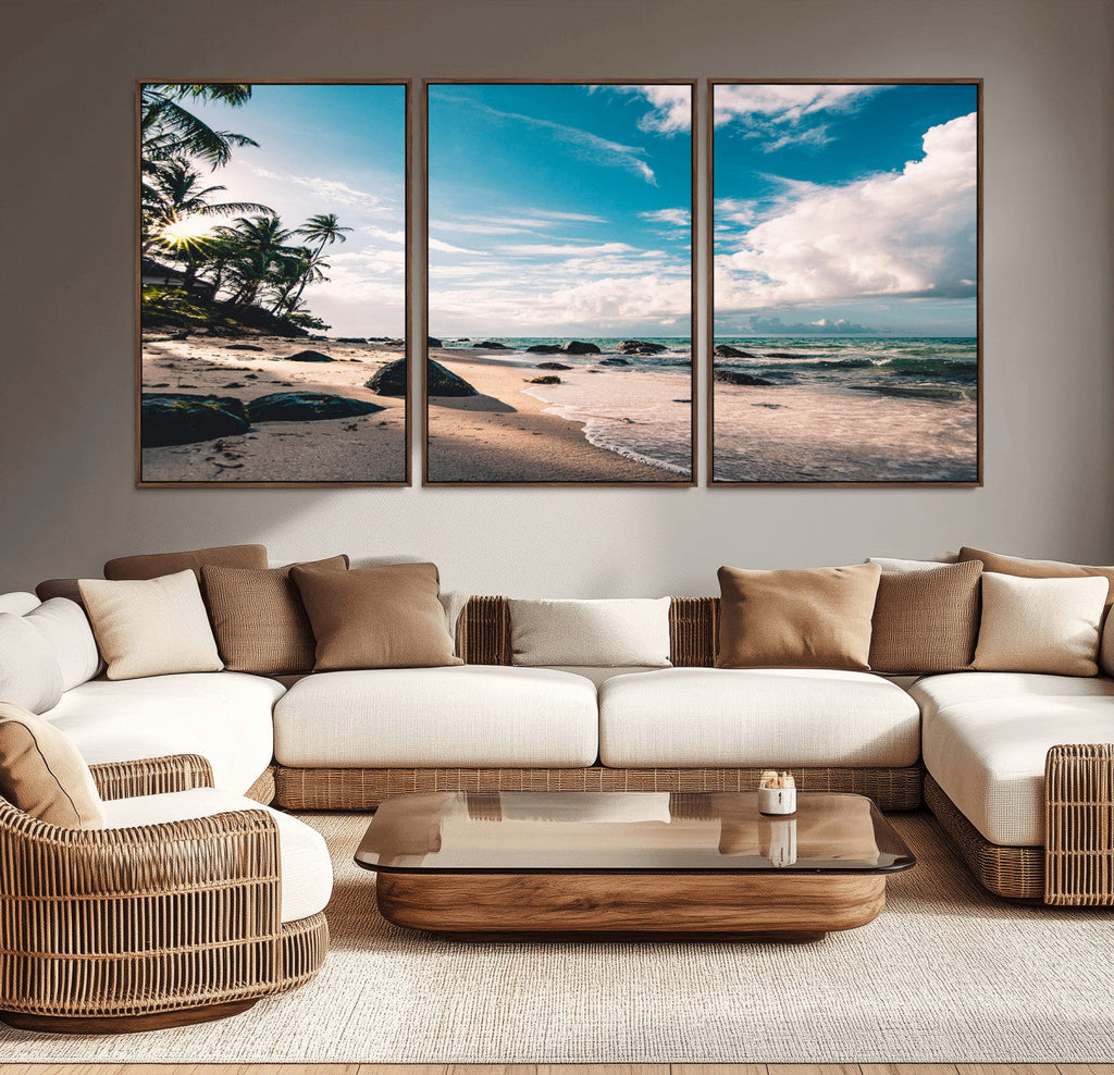 Tropical Beach Wall Art Canvas Print, Framed Ocean Waves Relaxing Seascape
