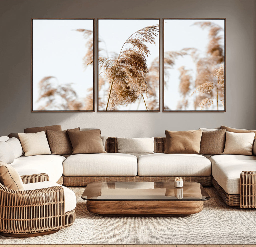 Pampas Grass Wall Art Canvas Print, Framed Neutral Tones Minimalist Boho