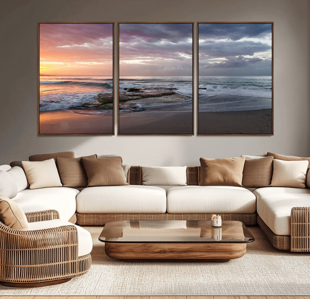 Golden Hour Wall Art Canvas Print, Framed Tranquil Waves Beach Sunset