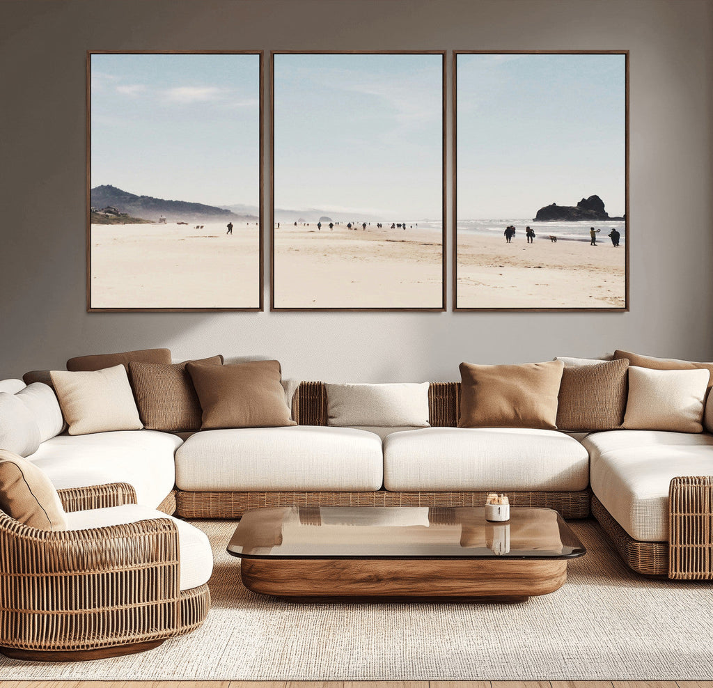 Minimalist Beach Wall Art Canvas Print, Framed Coastal Serenity Soft Sand