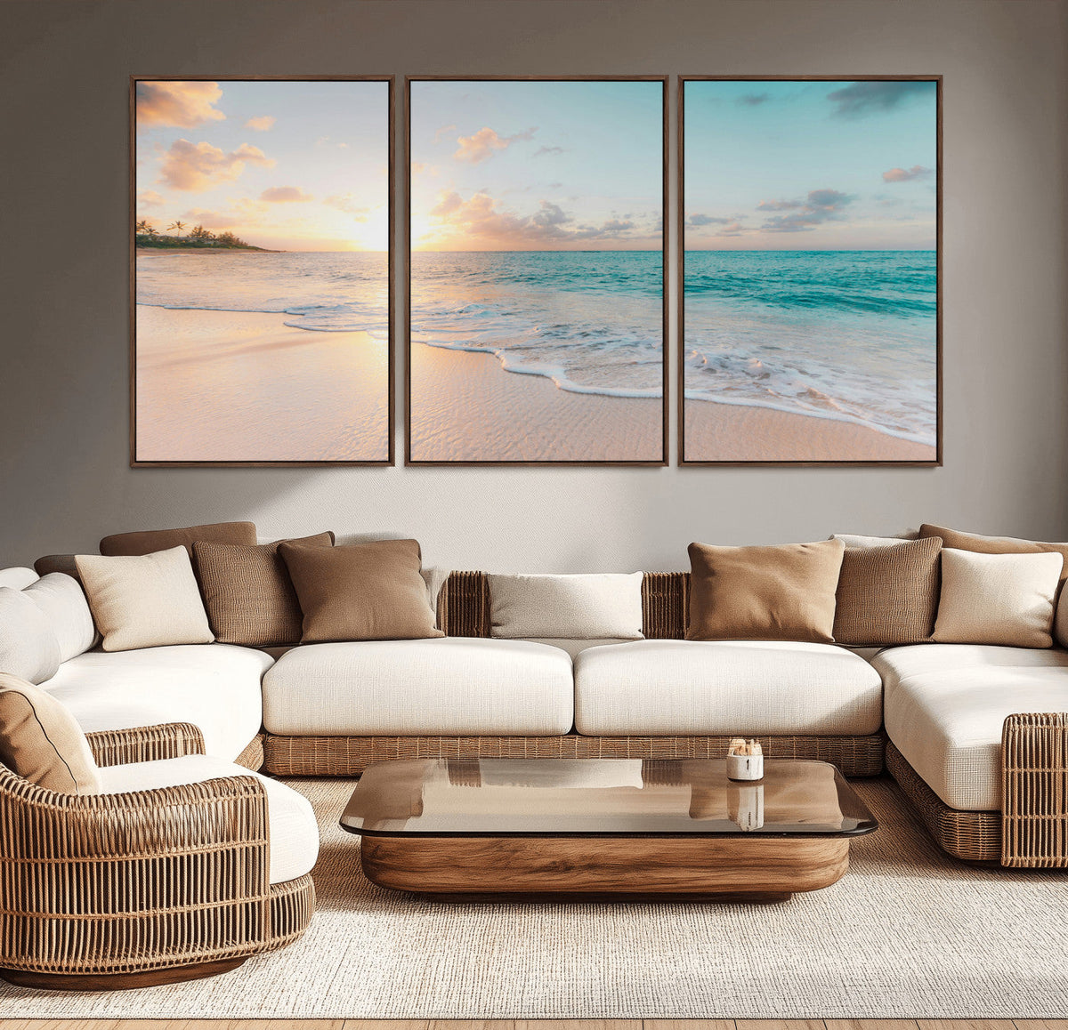 Beach Sunset Wall Art Canvas Print, Framed Ocean Waves Summer Escape