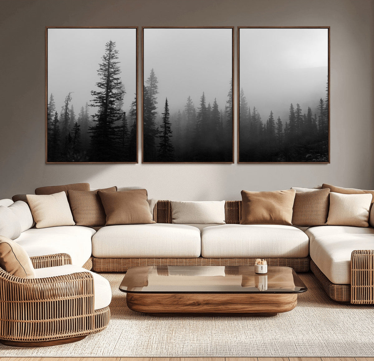 Misty Pines Wall Art Canvas Print, Framed Woodland Minimalist Black and White