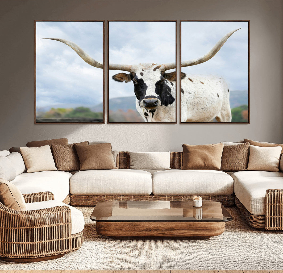 Texas Longhorn Wall Art Canvas Print, Framed Western Rustic Farmhouse