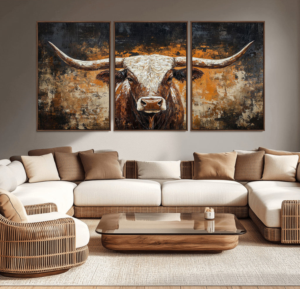 Abstract Longhorn Bull Wall Art Canvas Print, Vintage Western Texas Steer Artwork