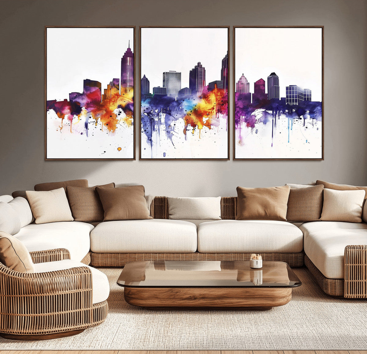 Atlanta Skyline Wall Art Canvas Print, Framed Colorful Watercolor Cityscape