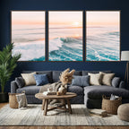 Sunset Surfing Wall Art Canvas Print, Ocean Wave Surfer with Golden Sky