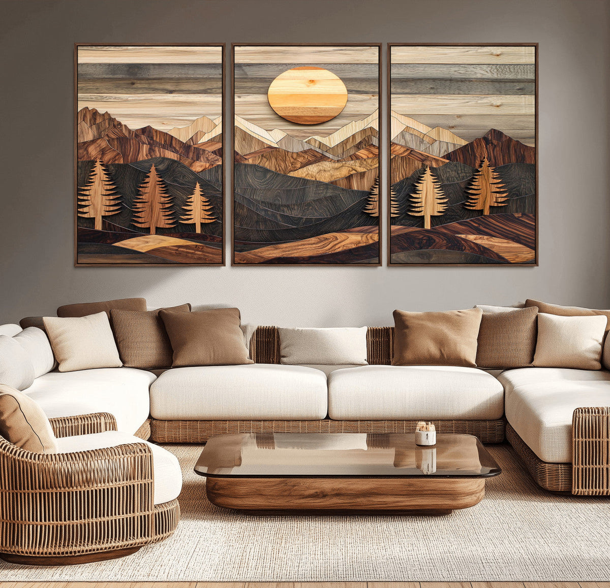 Wooden Mountain Layers Art | Rustic Pine Tree Landscape