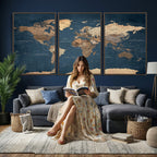 Navy Blue World Map Canvas Print | Framed Travel Map Wall Art
