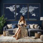 Blue Detailed World Map Wall Art Canvas Print | Modern Framed Map