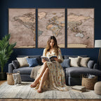 Grunge World Map Canvas Wall Art - Vintage Aged World Map with Golden Tones