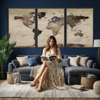 World Map Canvas Print, Detailed Map of the World, Adventure Gift for Couples and Anniversaries