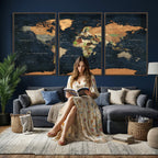 Vintage World Map Canvas Wall Art | Detailed Map with Countries, Oceans and Continents