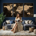 Brown World Map Canvas Print | Modern Travel Map Wall Art