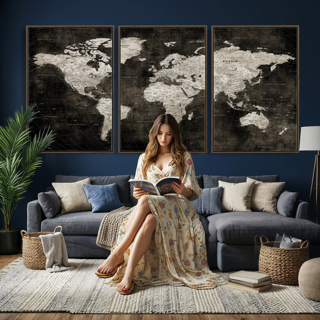 Vintage World Map Wall Art Canvas Print | Framed Large Map Wall Art