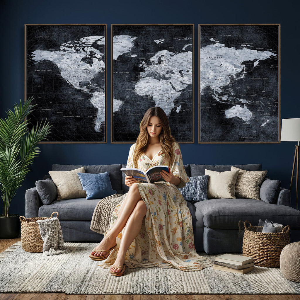 Black World Map Canvas Print | Detailed Map for Couples and Anniversary Gift