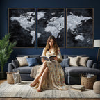 Black World Map Canvas Print | Detailed Map for Couples and Anniversary Gift