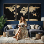 Beige World Map Canvas Wall Art Print, Minimal Black and Beige Map