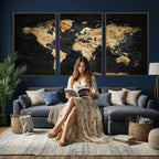 World Map Canvas Wall Art with Famous Landmarks | Framed Travel Map