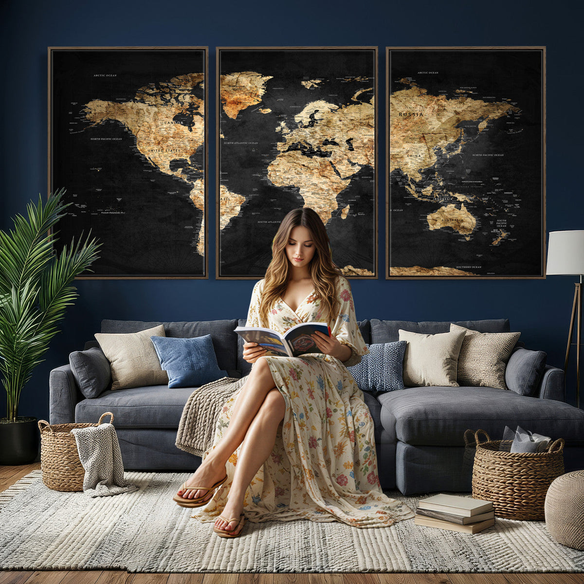 World Map Canvas Wall Art with Famous Landmarks | Framed Travel Map