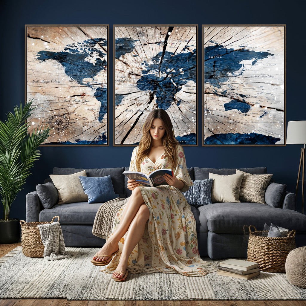 Rustic World Map Canvas Print | Framed Wall Art for Couples