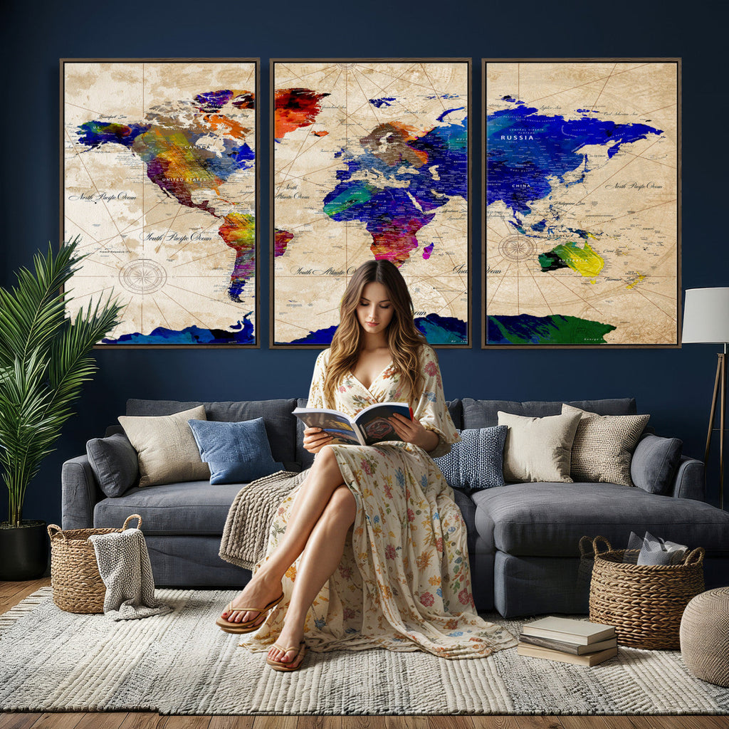 Watercolor World Map Canvas Print | Framed Wall Art for Couples