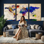 Watercolor World Map Canvas Print | Framed Wall Art for Couples