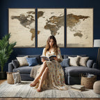 Vintage World Map Canvas Wall Art | Framed Antique Style Travel Map