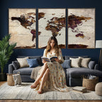 World Map Canvas Triptych | Colorful Global Wall Art for Living Rooms