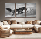 Wild Horses Wall Art Canvas Print, Framed Black and White Galloping Horses