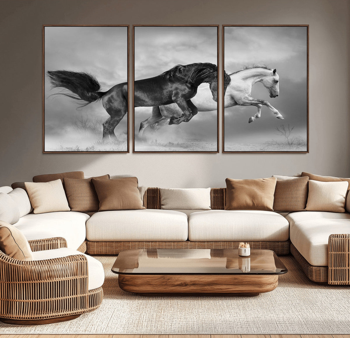 Wild Horses Wall Art Canvas Print, Framed Black and White Galloping Horses